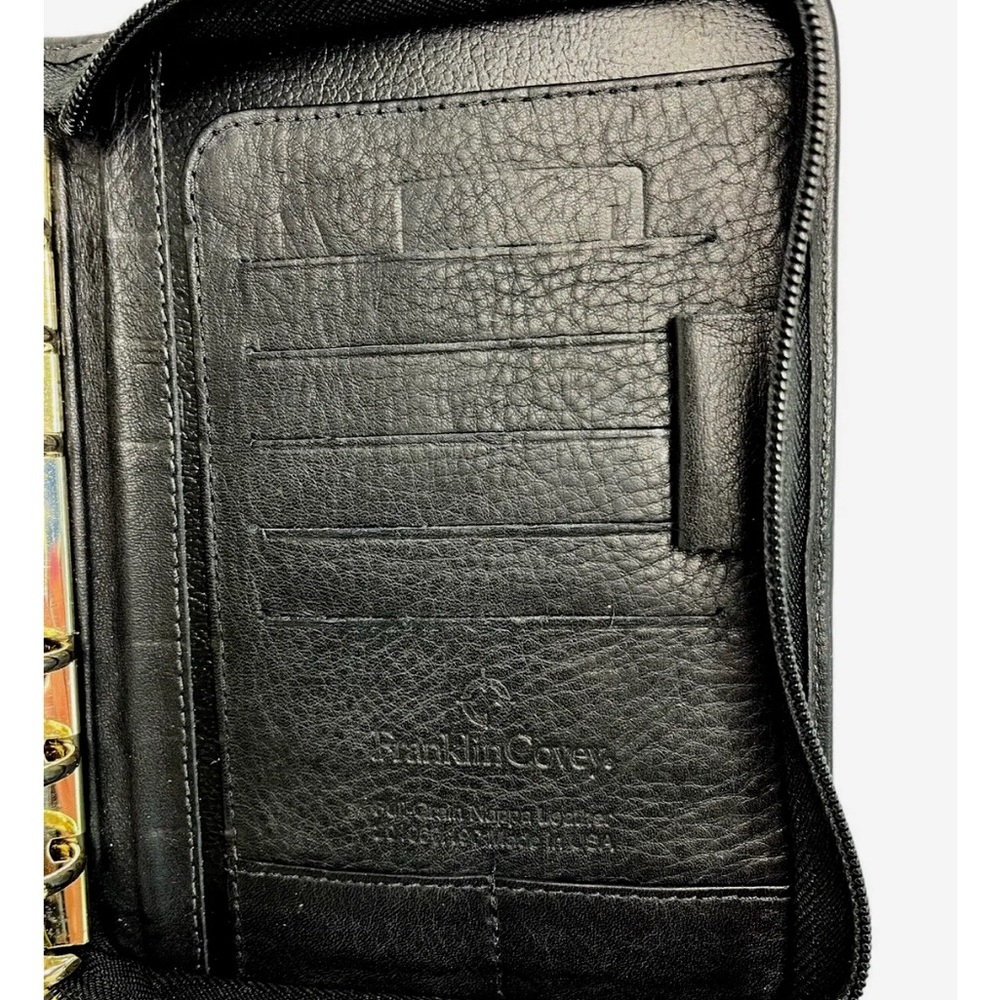 Franklin Covey Black Full Grain Nappa Leather USA Device Holder Zip Binder Tabs - Picture 10 of 15